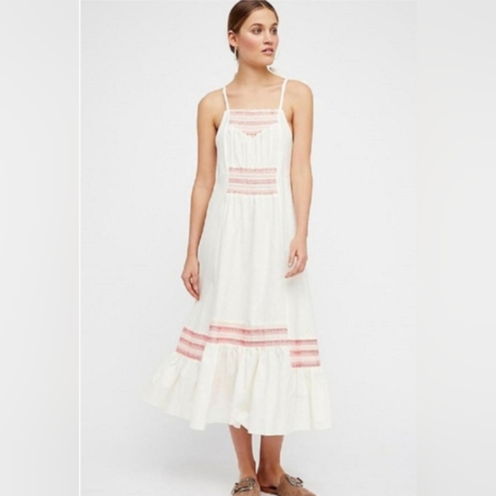 Free People White Midi Dress with Pink Trim